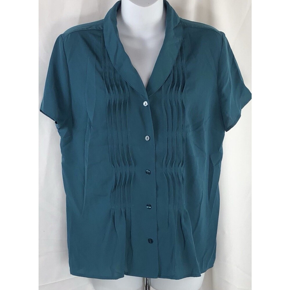 Croft Barrow top M Green Pleated Ruffles Shawl Collar Silky Career coquette